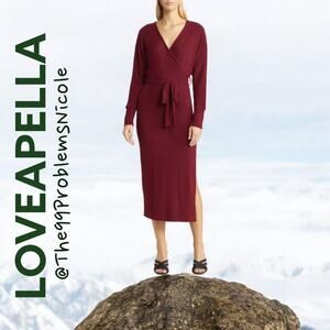 Loveapella Long Sleeve Faux Wrap Red Midi Dress